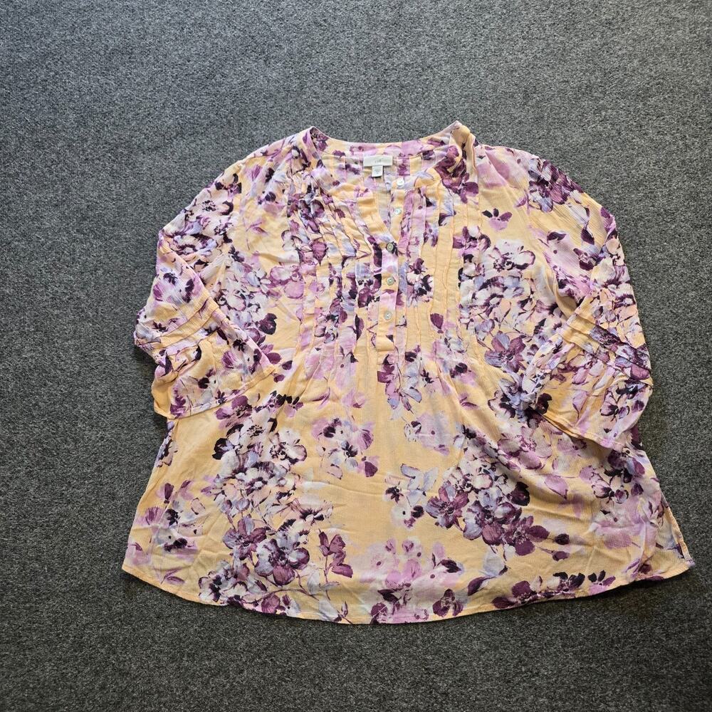 J Jill Top Womens Large Yellow Purple Floral Popover Flare Sleeve Boxy Casual